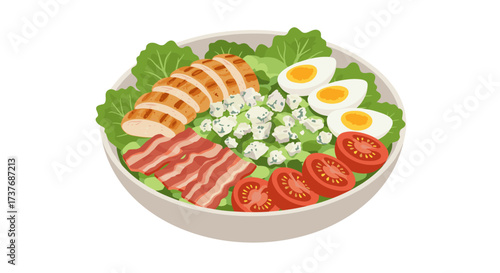 Delicious salad bowl with chicken, bacon, eggs, and fresh vegetables on white background