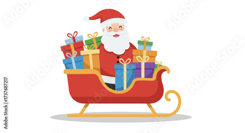 Santa Claus in a red sleigh filled with colorful Christmas presents ready for delivery.