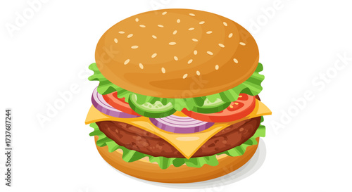 Delicious 3d cheeseburger with fresh lettuce, tomato, and onion layers on a sesame bun