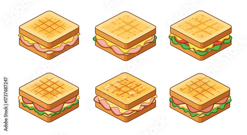 Delicious isometric sandwiches with various fillings on grilled bread
