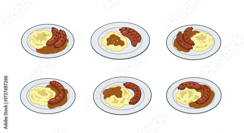 Delicious sausages with mashed potatoes: varied plate arrangements and perspectives