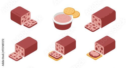 Isometric luncheon meat and spread with crackers and bread