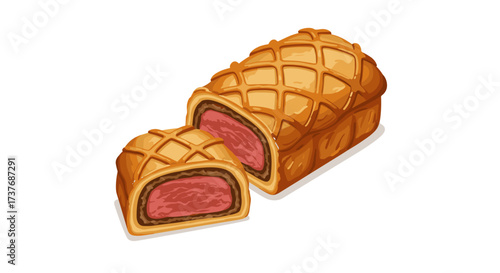 Delicious beef wellington with pastry crust on white background