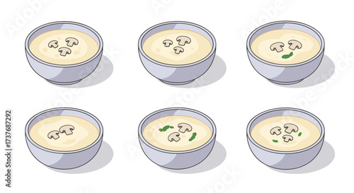 Variety of creamy mushroom soup styles in bowls with different garnishes