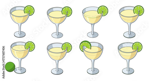 Variety of cocktails with lime in isometric glasses on white background