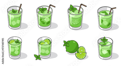 Refreshing mint and lime beverage collection on white background