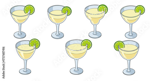 Variety of margarita glasses with lime slices: elegant cocktail collection