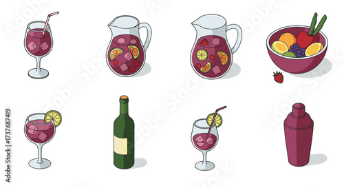 Refreshing beverage set with fruits and wine elements in contemporary design