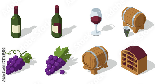 Wine icons: bottles, barrels, grapes, and glass in isometric style