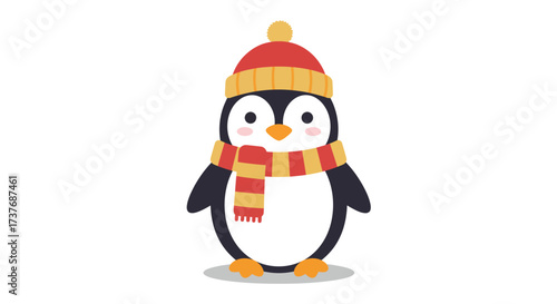 Cute cartoon penguin wearing winter hat and scarf illustration.
