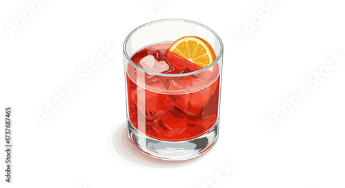 Refreshing glass of negroni cocktail with orange wedge on white background