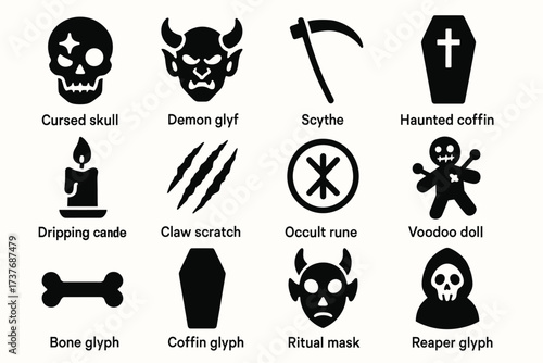 Gothic symbols collection: skull, demon, scythe, coffin, candle, claw, rune, voodoo, bone, mask, reaper