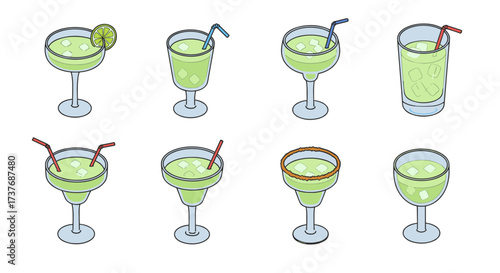 Variety of green cocktails with lime and straw designs in flat style