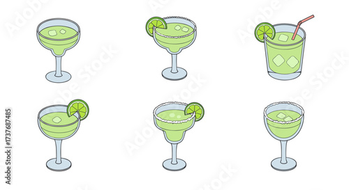Assorted margarita glasses with lime slices in flat style