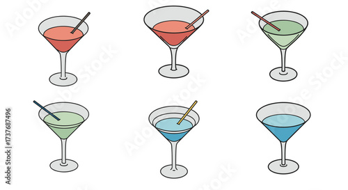 Colorful cocktail glasses with straws in minimalist style