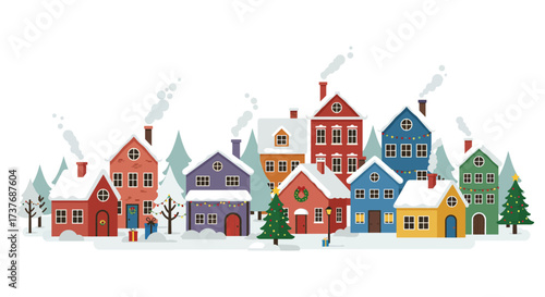 Charming Winter Village Scene with Colorful Houses and Snow.