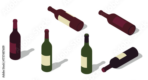 Isometric wine bottles: varied angles and shadows