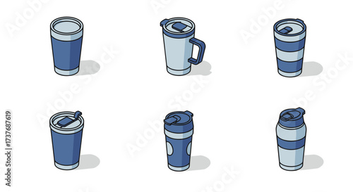 Isometric set of reusable coffee tumblers in blue palette