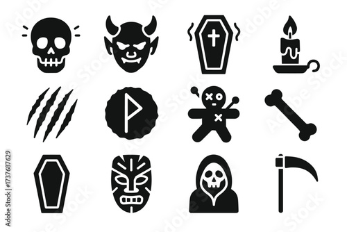 Halloween icons: skull, devil, coffin, candle, claw, flag, voodoo doll, bone, mask, grim reaper, scythe