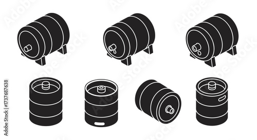 Isometric black beer kegs and barrels set on white background