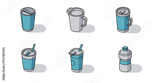 Set of isometric reusable drink containers with lids and straws for eco-friendly living