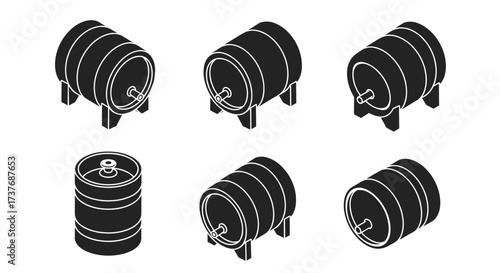 Isometric set of brewing barrels in silhouette style for brewery design