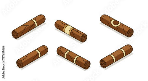 Assorted isometric cigars on white background