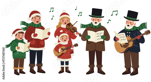 Christmas carolers singing and playing instruments during the festive holiday season.