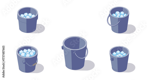 Ice cubes in various buckets: isometric collection of metallic containers filled with ice