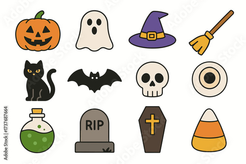 Halloween icons: pumpkin, ghost, witch hat, broom, cat, bat, skull, eye, potion, tombstone, coffin, candy corn