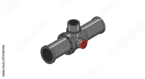 Isometric pipe fitting with red valve on white background