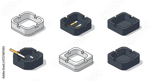 Isometric ashtray set with cigarettes on white background
