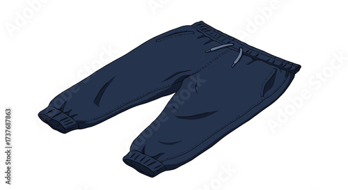 Casual dark blue sweatpants with drawstring and pockets on white background