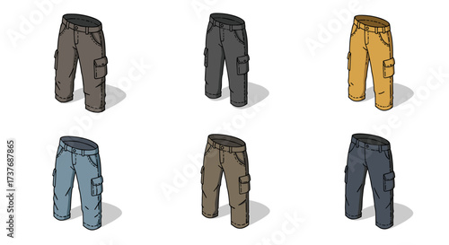 Set of colorful cargo pants in cartoon style