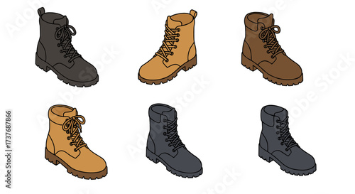 Set of stylish lace-up boots in multiple colors on white background