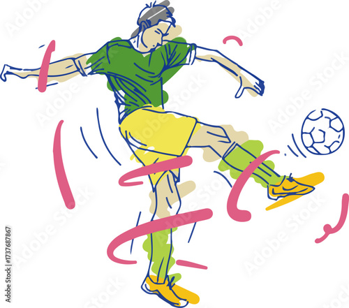 soccer player with green tshirt and yellow pan play ball arround technics