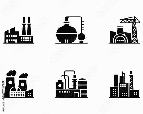 Illustrations of Varied Industrial Facilities Depicting Different Types of Factories with Distinct Designs and Structural Elements on Plain White Background