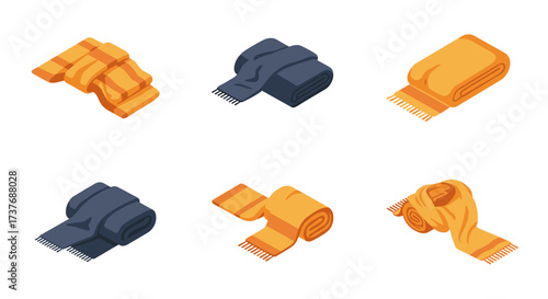Isometric wool scarf set in various colors and styles on white background
