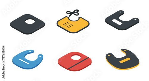 Colorful baby bib collection in isometric style with modern designs and functional features