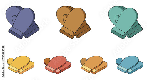 Colorful isometric winter mittens set for seasonal graphics and design