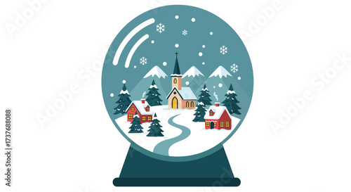 Winter Village Scene in a Festive Snow Globe Illustration.