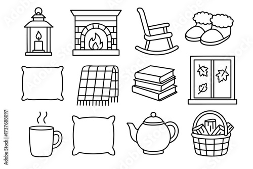 Cozy winter icons: fireplace, rocking chair, tea, books, and warm slippers