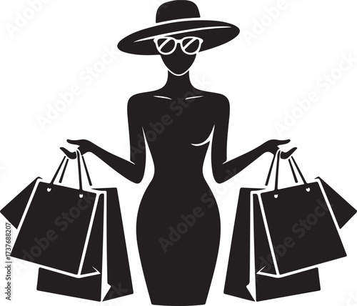 Silhouette of a woman in a hat and sunglasses holding shopping bags on white background fashion
