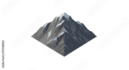 Realistic mountain peak with snowy accents on white background