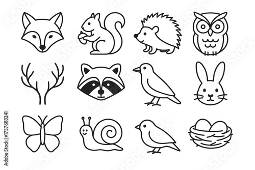 Set of outline animal icons: fox, squirrel, hedgehog, owl, and more