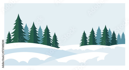 Serene winter landscape with snow covered hills and evergreen trees.