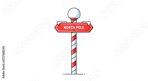 Cartoon North Pole signpost illustration with red and white stripes.