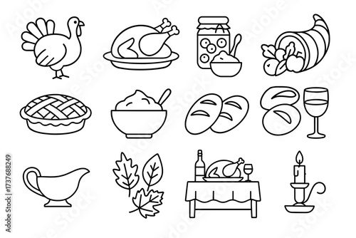 Thanksgiving feast line art: turkey, pie, and harvest symbols
