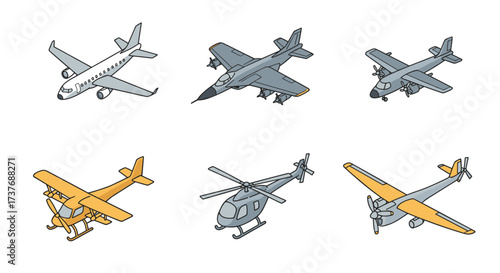 Isometric aircraft collection: jets, helicopters, and biplanes in modern design