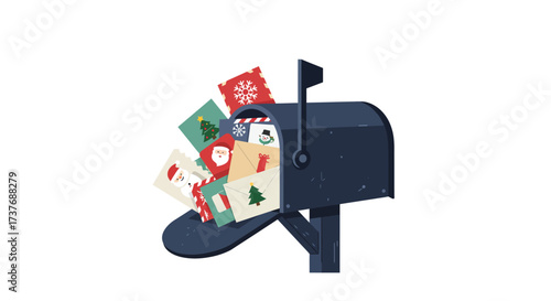 Mailbox overflowing with festive Christmas holiday greeting cards.